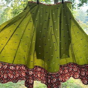 India Boutique Olive Skirt with Intricate Red and Black Border